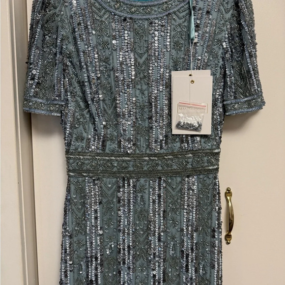 NWT | Mac Duggal Blue High Neck Short Sleeve Crystal Fringe Column Dress Size 6 - Picture 10 of 12